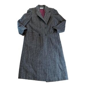 Vintage 80s 90s J.G. Hook Herringbone Tweed Long Line Coat Gray Wool Women's USA